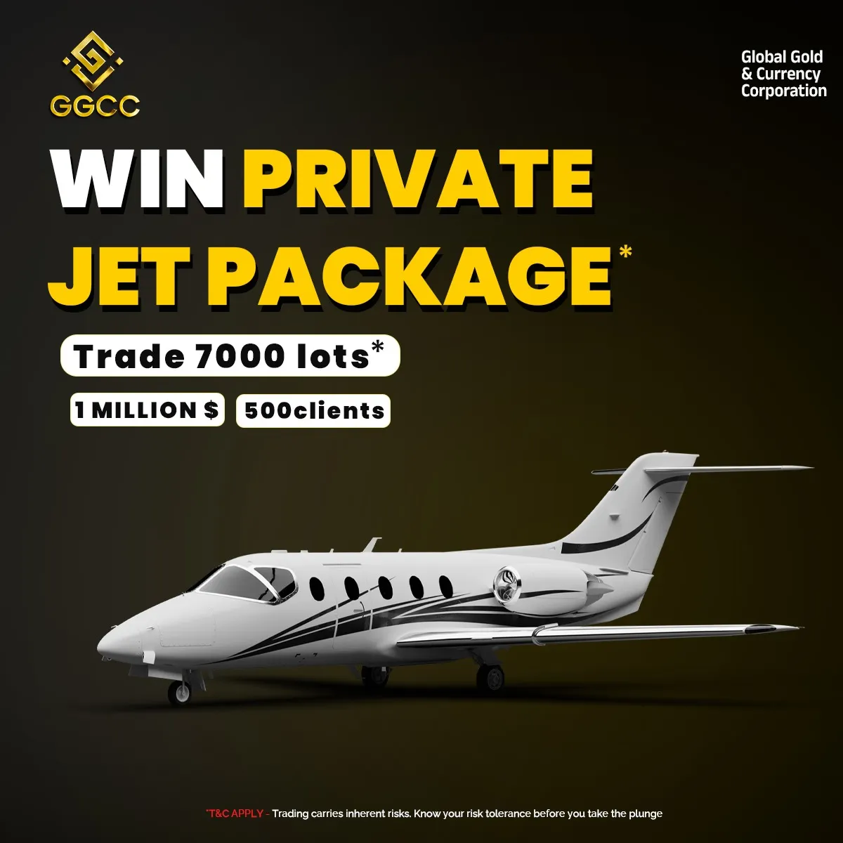 Win a private jet package by trading 7000 lots with Global Gold & Currency Corporation exclusive trading rewards