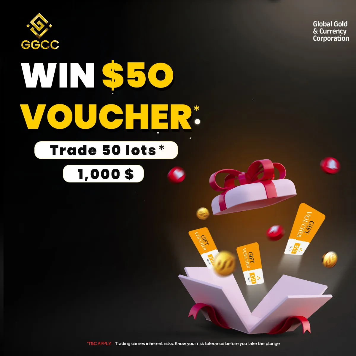 Win a $50 voucher by trading 50 lots with Global Gold & Currency Corporation trading rewards