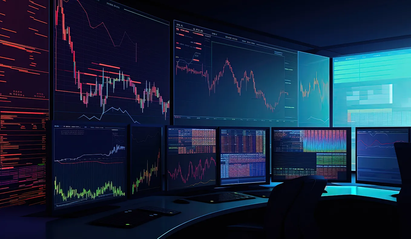 Forex trading control room with multiple screens displaying market data